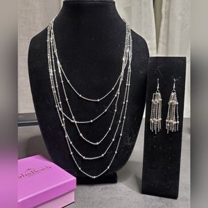 SILVER Tone Mulit-Chain Waterfall Necklace & Drop Earring Set